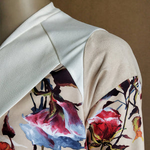 Lunar floral detail, shoulder detail, multi fabric